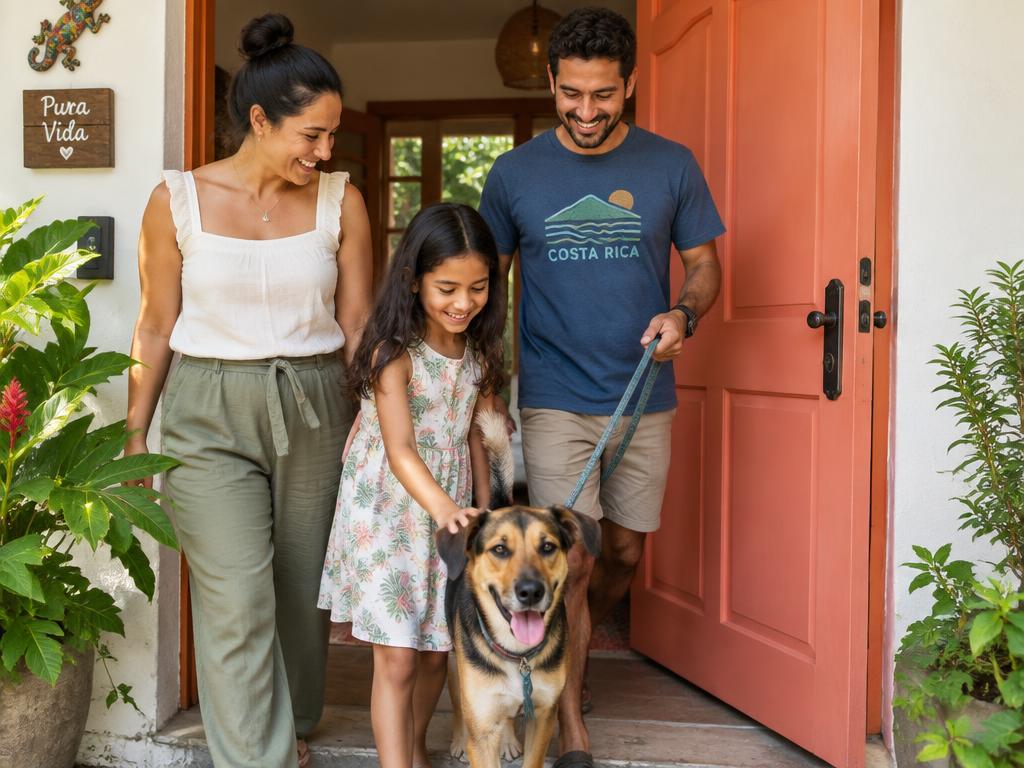 Familia costarricense con su perro adoptado